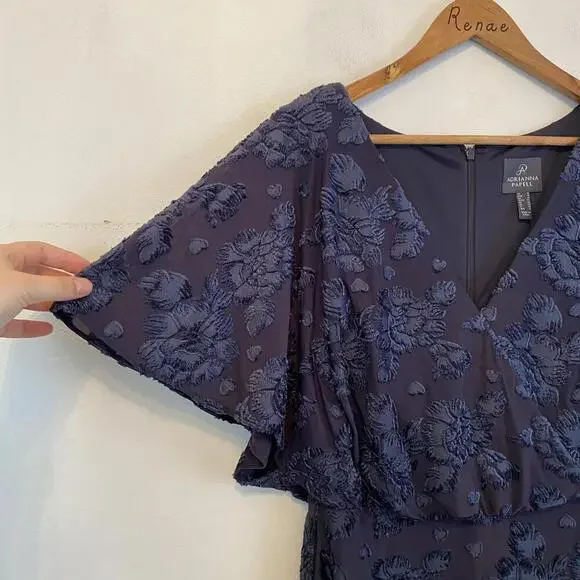 ADRIANNA PAPELL navy burnout velvet floral long blouson dress sz 10